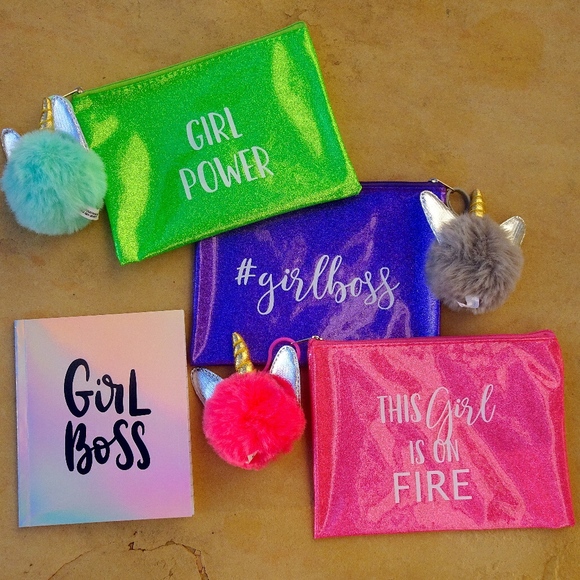 Glitter Hot Pink Girl Boss Unicorn Pom-Pom Journal & Pencil/Makeup Pouch Set - Picture 3 of 8